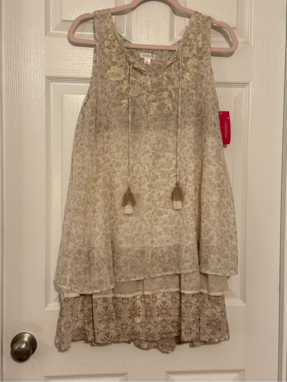 Xhilaration Cream Floral Tiered Sleeveless Top with Tassel Accents